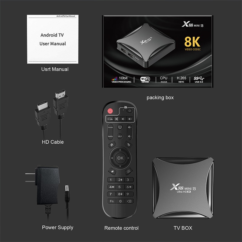 Evybuy Box X88 mini13 Android 13.0 RAM 4GB ROM 32GB WIFI 2.4G 5G 4K TV Box RK3528 Chipset Support USB 2.0 Ethernet LAN Mlutimedia Video Box