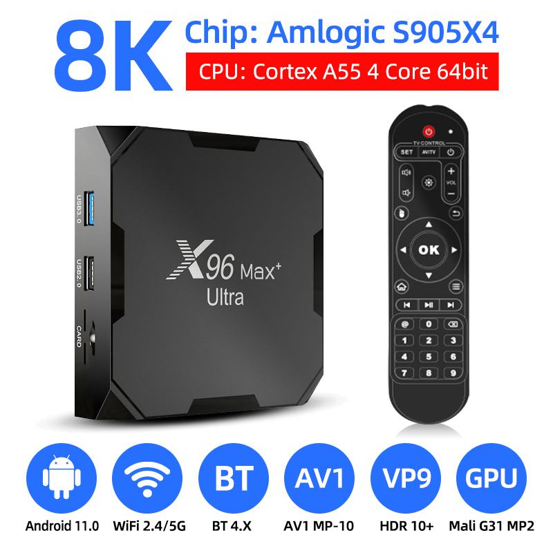 USEVQ X96 MAX plus ultra TV Box Android 11 Amlogic S905X4 2.4G 5G Dual WiFi BT4.X AV1 H.265 8K HDR10+ Media Player 4GB 64GB set top box