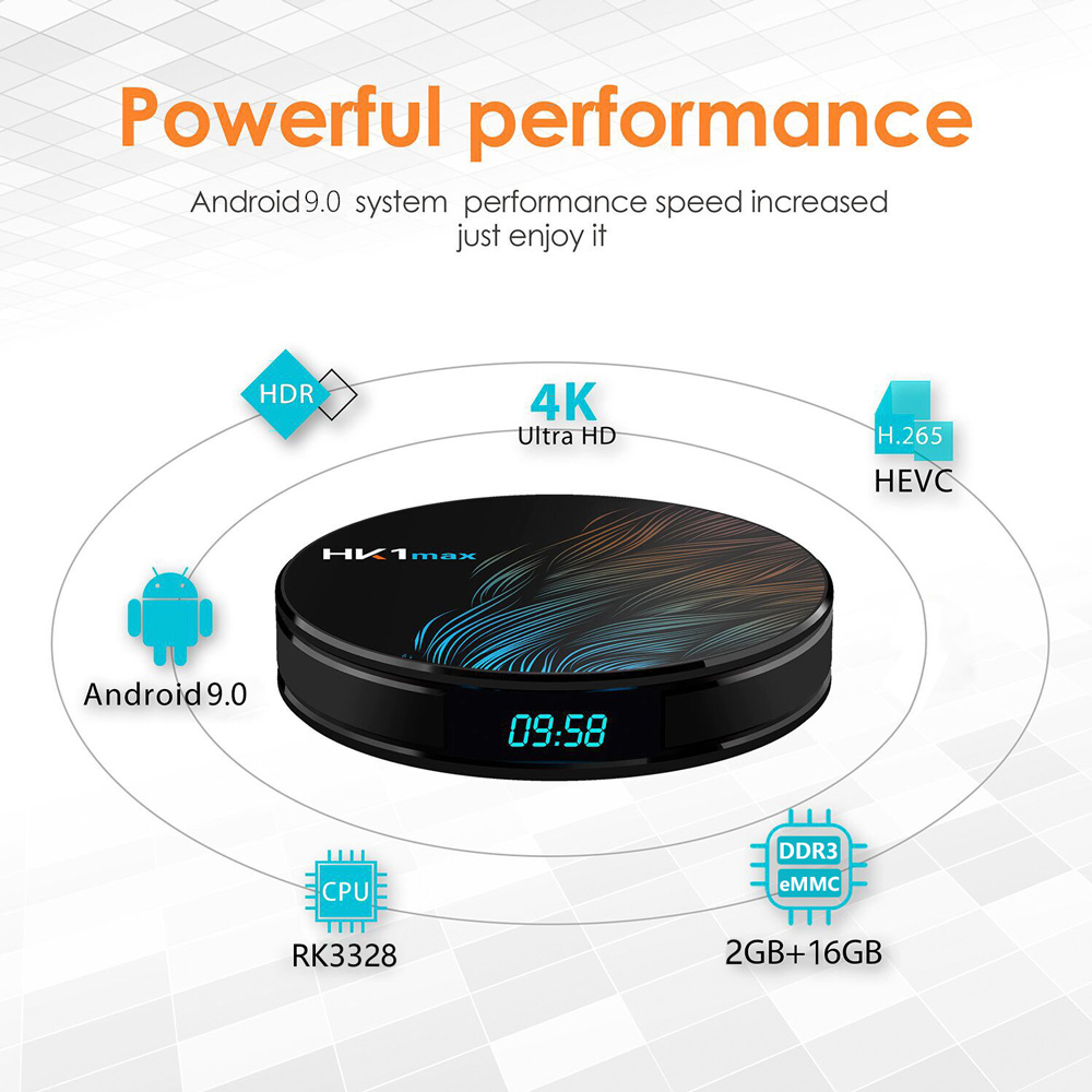 HK1 Max Android TV Box Android 9.0, 2GB RAM 16GB ROM, 4K Ultra HD Media Player, 2.4G WiFi, BT, USB 3.0, Smart TV Box